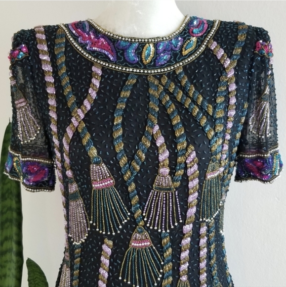 VTG 80s Sweelo Sequin + Bead Tassel Dress - Picture 2 of 8